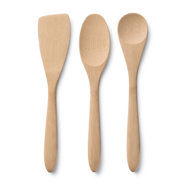 Bambu Kitchen Basics includes an Oval Spoon, Round Spoon, and Spatula.