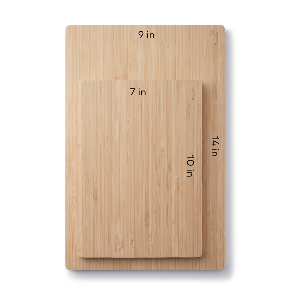 Bamboo Medium and Large Undercut Cutting Boards with measurements noted.