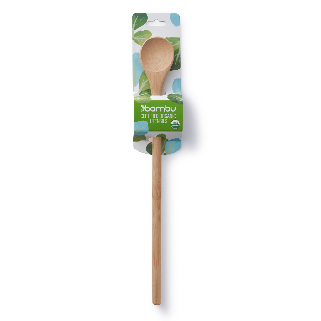 A bamboo tasting spoon is shown in blue and white packaging.