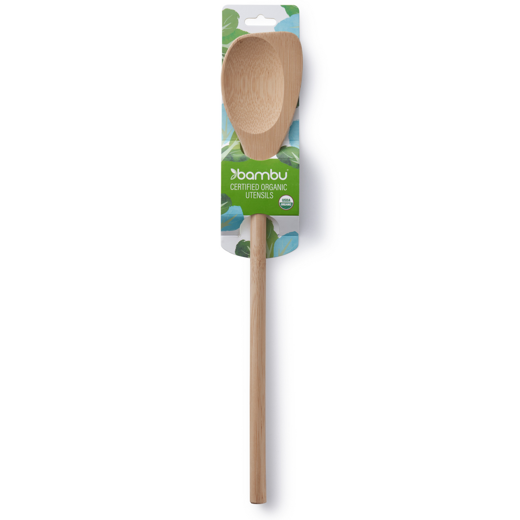 The 13" bamboo Spoontula includes a blue patterned cardstock package with care instructions.