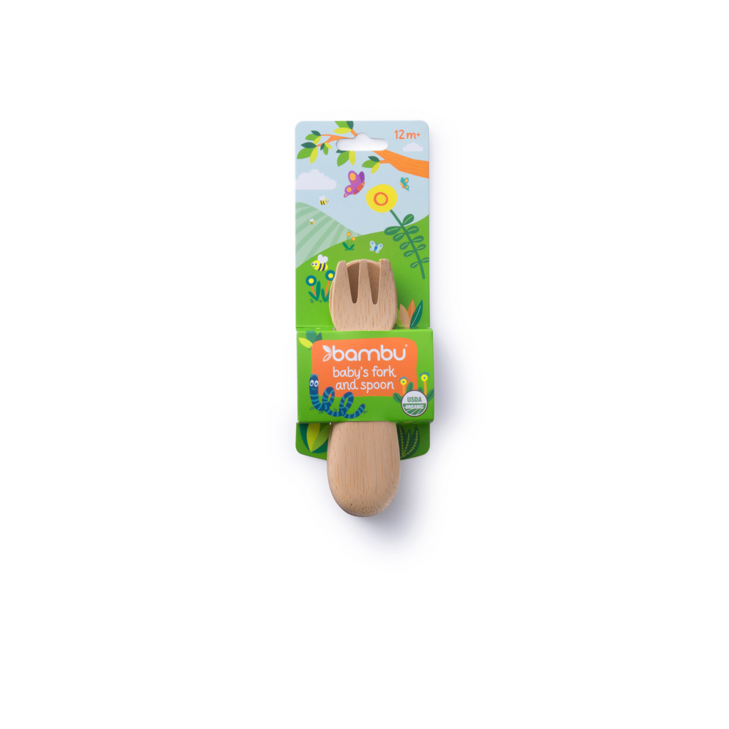 Bamboo Baby's/Toddler's Fork and Spoon Set (12M+) in FSC packaging is pictured on a white background