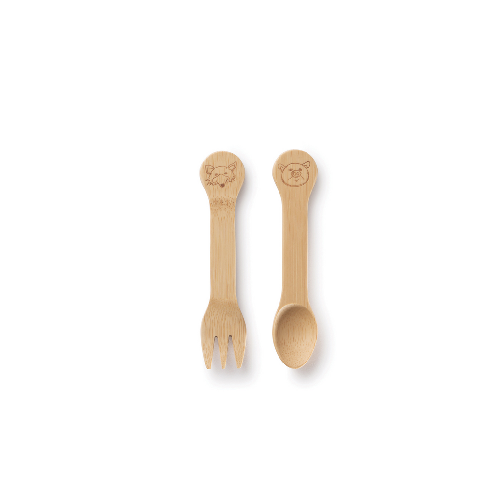 Bamboo Kids Fork and Spoon set have fun animal designs engraved on the handle.