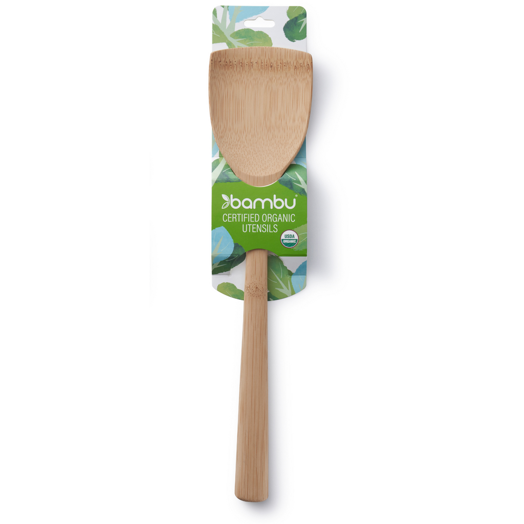 The 13" Bamboo Wok Spatula comes with colorful cardstock packaging that includes instructions for care.