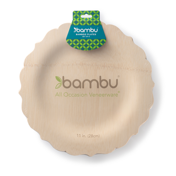 11 inch round bamboo plates with packaging on white background
