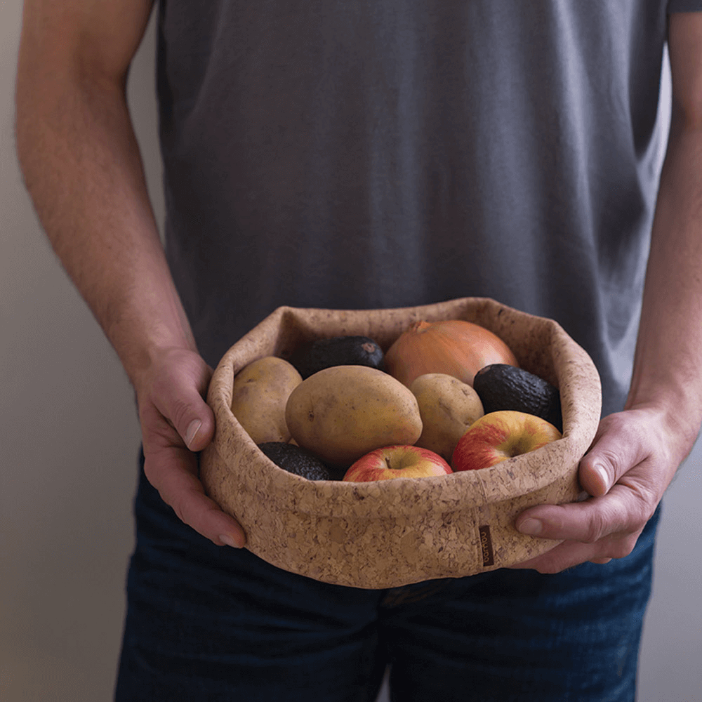 foldable cork fabric bowls with root veggies - bambu