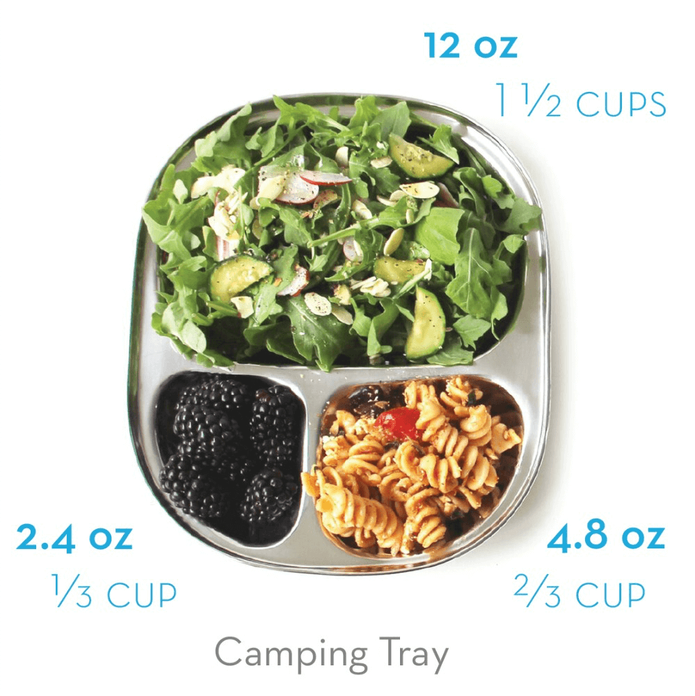 Eco Lunchbox Camping Tray has 3 compartments. The largest will hold 1 1/2 cups, the smallest holds 1/3 cup, and the 3rd compartment holds 2/3 cup.