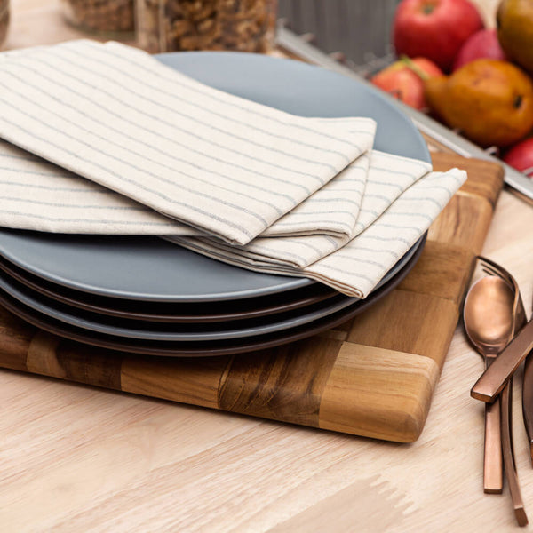 Cream and blue dinner napkins made from upcycled denim, from MEEMA.