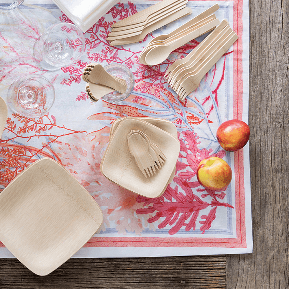 Veneerware® 3.5" Bamboo Tasting Plates coordinate with larger 5" plates, 3.5" Sporks, 6" Sporks, and 6" Cutlery.