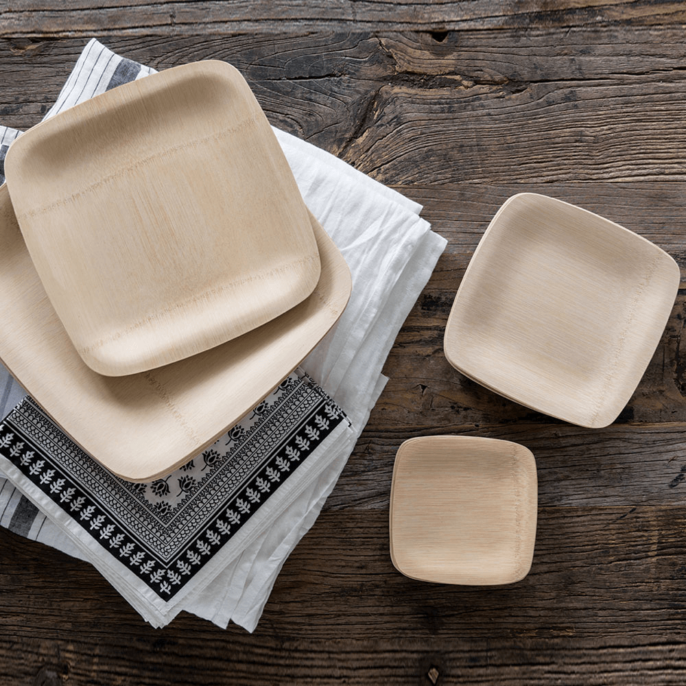 Veneerware® 3.5" Bamboo Tasting Plates coordinate with larger 5-inch, 7-inch and 9-inch square plates.