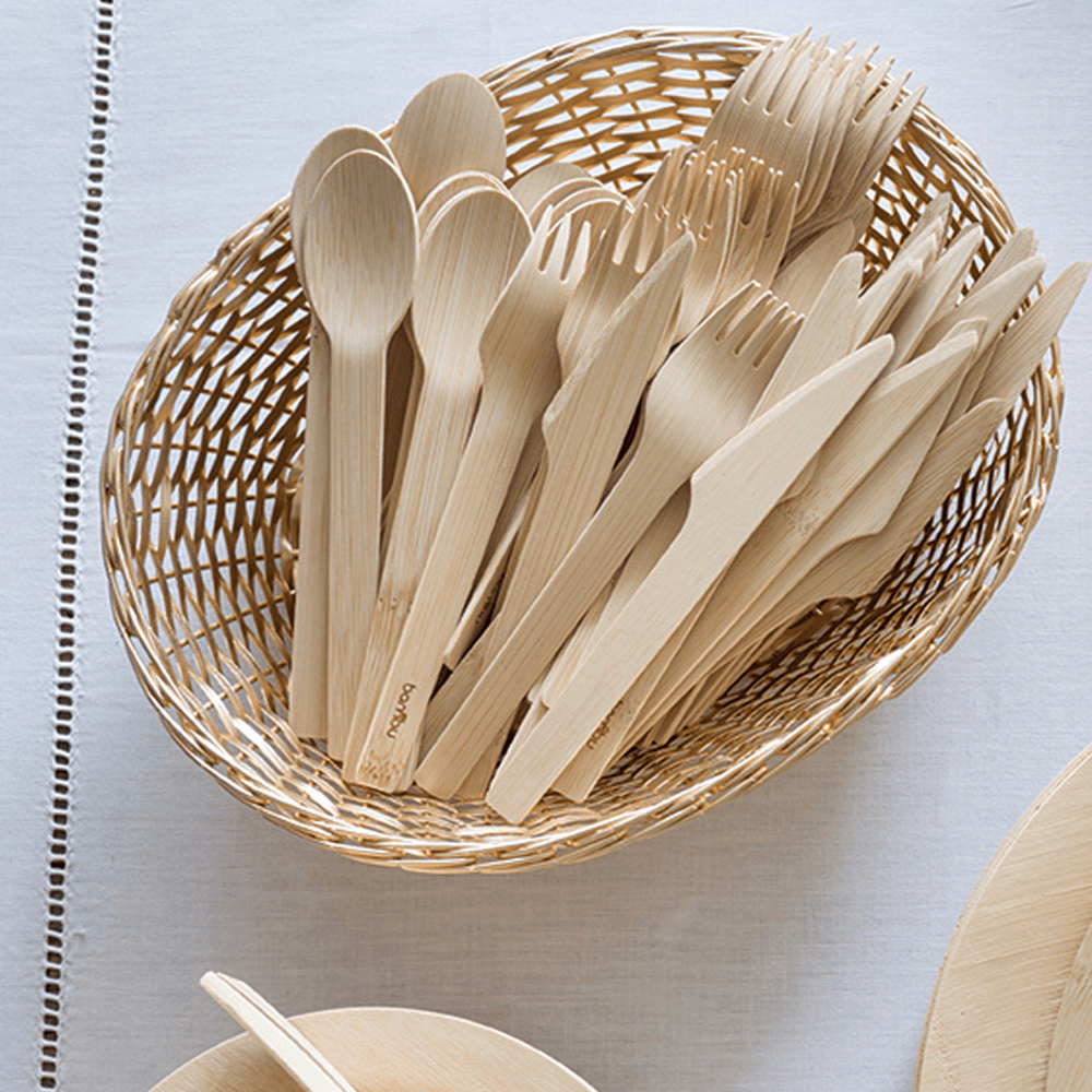 Veneerware® Bamboo Forks spoons and knives in basket